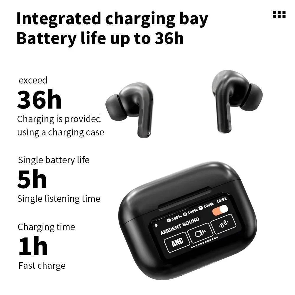 A9 Pro earbuds with screen